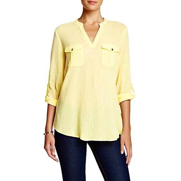 NWT 100% Cotton Tunic Top  Sz.L Pastel Yellow Crinkle V-Neck Minimalist Cottage - Picture 1 of 12